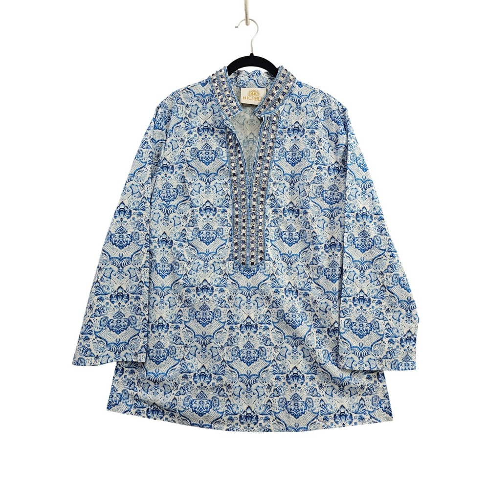 NicoBlu Tunic Women Large Blue White Damask Beaded Embellished Cotton Boho Top